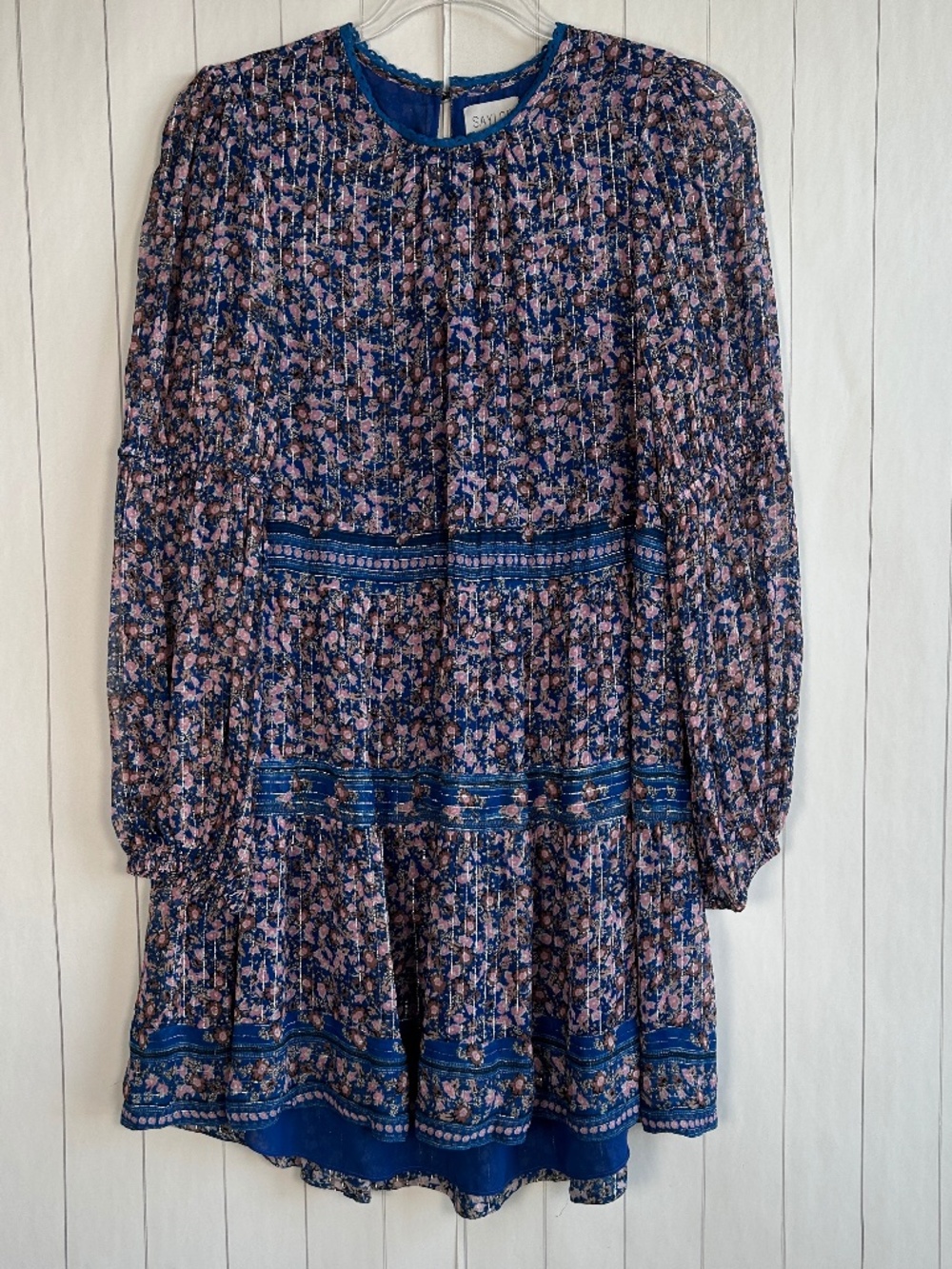Saylor size M Talley dress long sleeve blue metallic silver tiered high neck